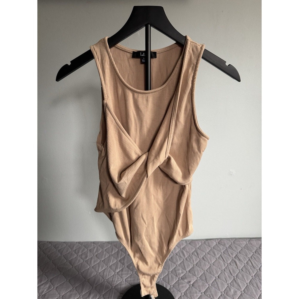 Lulus Knot So Basic Tan Ribbed Sleeveless Bodysuit Size Small